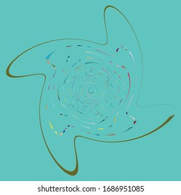 Single mottled, multi-color and colorful spiral, swirl, twirl element. Twisted cyclic, circular and radial, radiating whorl, volute shape over colored backdrop, background