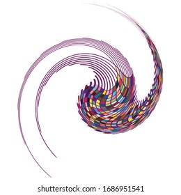 Single mottled, multi-color and colorful spiral, swirl, twirl element. Twisted cyclic, circular and radial, radiating whorl, volute shape