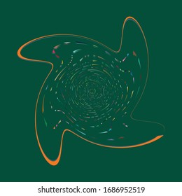 Single mottled, multi-color and colorful spiral, swirl, twirl element. Twisted cyclic, circular and radial, radiating whorl, volute shape over colored backdrop, background