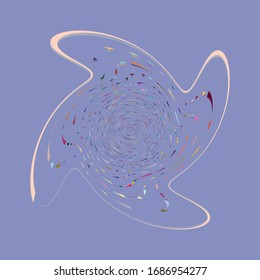 Single mottled, multi-color and colorful spiral, swirl, twirl element. Twisted cyclic, circular and radial, radiating whorl, volute shape over colored backdrop, background