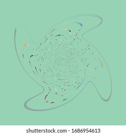 Single mottled, multi-color and colorful spiral, swirl, twirl element. Twisted cyclic, circular and radial, radiating whorl, volute shape over colored backdrop, background