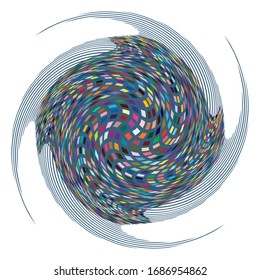 Single mottled, multi-color and colorful spiral, swirl, twirl element. Twisted cyclic, circular and radial, radiating whorl, volute shape