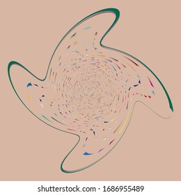 Espiral monomotor, multicolor y colorida, giratoria, giratoria. Torsión cíclica, circular y radial, giro radiante, forma voluta sobre fondo coloreado, fondo