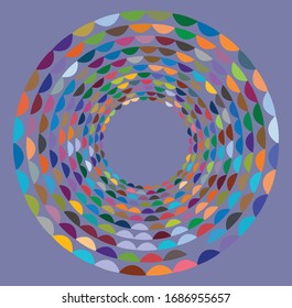 Single mottled, multi-color and colorful spiral, swirl, twirl element. Twisted cyclic, circular and radial, radiating whorl, volute shape over colored backdrop, background