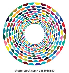 Single mottled, multi-color and colorful spiral, swirl, twirl element. Twisted cyclic, circular and radial, radiating whorl, volute shape