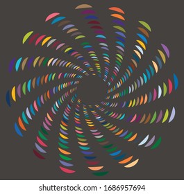 Single mottled, multi-color and colorful spiral, swirl, twirl element. Twisted cyclic, circular and radial, radiating whorl, volute shape over colored backdrop, background