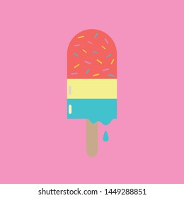 Single multicoloured ice-lolly on wooden popsicle stick with a pink backgroun.