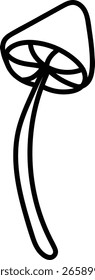 Un único hongo con un tallo curvo dibujado en líneas en negrita. La tapa es triangular con un contorno simple. Ilustración vectorial de dibujos animados.
