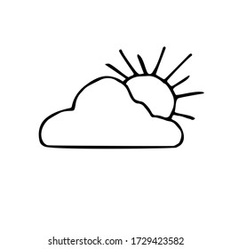 Einzelne Objekte, die Sonne, die sich hinter einer Wolke versteckt, Vektor-Doodle-Illustration. Wettervorhersage. Schwarz auf weißem Hintergrund isoliert. Für Ihr Design, Aufkleber, Karten, Poster. 
