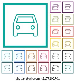 Single old car front view outline flat color icons with quadrant frames on white background