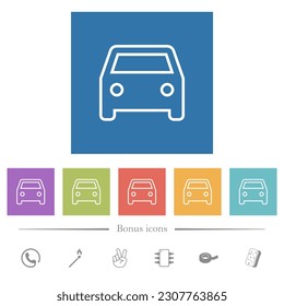 Single old car front view outline flat white icons in square backgrounds. 6 bonus icons included.