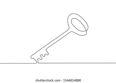 Single old key drawing in style one continuous line black color  Self drawing