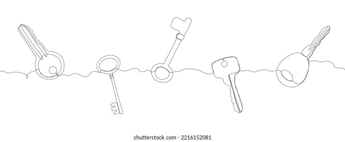 Single old key drawing in style of one continuous line black color. Border