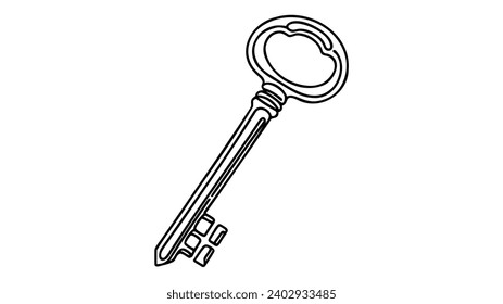 Single old key drawing in style of one continuous line black color. Self drawing.