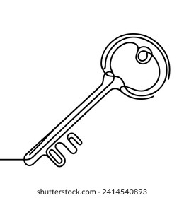 Single old key drawing in style of one continuous line black color. Self drawing