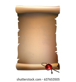 Single old paper scroll with damaged edged and red wax seal with rope isolated vector illustration