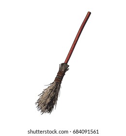 Single old twig broom, broomstick, traditional Halloween symbol, sketch style vector illustration isolated on white background. Hand drawn, sketch style witch broom, broomstick, Halloween object