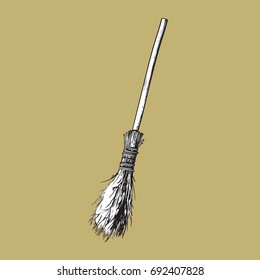 Single old twig broom, broomstick, traditional Halloween symbol, sketch style vector illustration isolated on background. Hand drawn, sketch style witch broom, broomstick, Halloween object