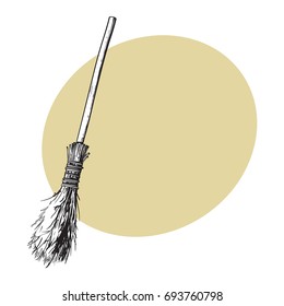 Single old twig broom, broomstick, traditional Halloween symbol, sketch style vector illustration with space for text. Hand drawn, sketch style witch broom, broomstick, Halloween object