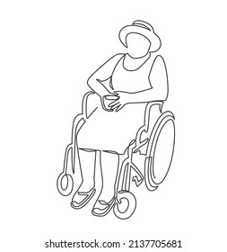 Single old woman sitting at wheelchair holding mug with tea continuous line vector illustration