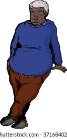 Single older overweight man with big belly leaning over blank area