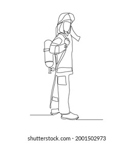 Single one continuous line drawing of young male firefighter wear safety jacket and helmet. Professional work profession and occupation minimal concept. Design graphic vector illustration