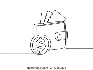 Single one continuous line drawing of dollar coin and big wallet