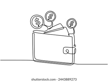 Single one continuous line drawing of dollar coin and big wallet