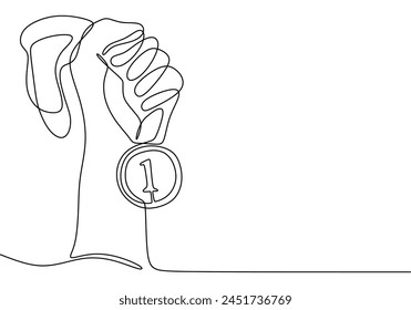 Medalla de dibujo de una sola línea continua sostenida por una mano