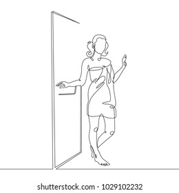 Single one continuous line drawn by a girl woman in a sauna, steam room, shower.