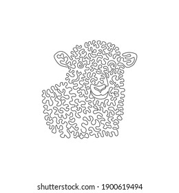 Single one curly line drawing of cute sheep abstract art. Continuous line draw graphic design vector illustration of friendly domestic animal for icon, symbol, company logo, and pet lover club