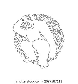 Single one curly line drawing of cute chimpanzee abstract art. Single line editable stroke vector illustration of chimpanzee have opposable thumbs for logo, wall decor, poster print decoration