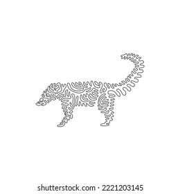 Single one curly line drawing of beautiful furry coati abstract art. Continuous line draw graphic design vector illustration of adorable coati for icon, symbol, logo, boho poster
