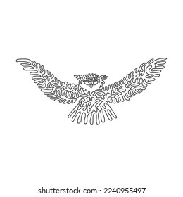 Single one curly line drawing of owl predatory bird. Continuous line drawing graphic design vector illustration bird of prey for icon, symbol, company logo, poster wall decor, pet lover club