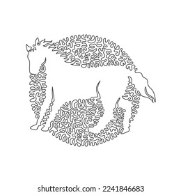 Single one curly line drawing of cute horse abstract art. Continuous line draw graphic design vector illustration of powerful horse for icon, symbol, sign, company logo, and pet lover club