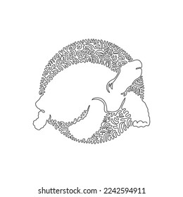 Single one curly line drawing of cute tortoise abstract art. Continuous line draw graphic design vector illustration of slow moving creatures for icon, symbol, company logo, and pet lover club