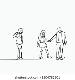 Single one line art drawing of a couple and a man feeling jealous. Teenager love conflict theme.