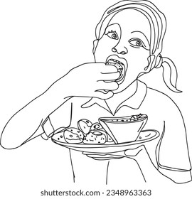 dibujo animado de una sola línea de dibujo continuo ilustrando una niña india comiendo Phuchka o Pani Puri en un tazón hecho de hojas de shal en india. Esta popular comida callejera también se llama gupchup 