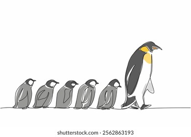 Single one line drawing 1 adult penguin walking in front of 5 baby penguins walking behind him. Animals that like to colonize. Migration. World Penguin Day. Continuous line design graphic illustration