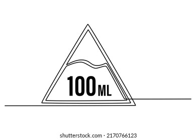 Single one line drawing 100 ml water in triangle shape on background. Suitable for product label. Label or sticker concept. Continuous line draw design graphic vector illustration.