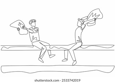 Single one line drawing 2 adult men sitting on large log underneath pool holding pillows. Contest. The wet one is the loser. International Pillow Fight Day. Continuous line design graphic illustration