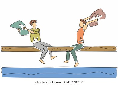 Single one line drawing 2 adult men sitting on large log underneath pool holding pillows. Contest. The wet one is the loser. International Pillow Fight Day. Continuous line design graphic illustration