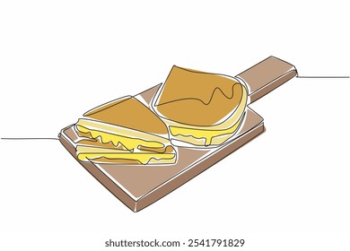 Una sola línea dibujando 2 sándwiches de queso a la parrilla en una tabla de cortar. Abundante queso derretido. Deliciosidad. Sabroso. Día Nacional del Sándwich de Queso a la Parrilla. Ilustración gráfica de diseño de línea continua