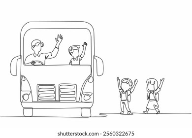 Single one line drawing 2 male and female students walking towards the school bus. Welcoming arrival. Hospitality. School Bus Driver Appreciation Day. Continuous line design graphic illustration