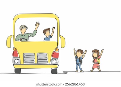 Single one line drawing 2 male and female students walking towards the school bus. Welcoming arrival. Hospitality. School Bus Driver Appreciation Day. Continuous line design graphic illustration