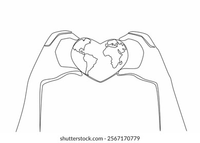 Single one line drawing 2 hands forming a heart shape and in the middle of the hands is a heart shaped globe. Loving treatment. Commitment. Global Love Day. Continuous line design graphic illustration