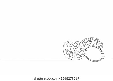 Single one line drawing 2 truffles and 1 split into 2. Food ingredients are picked directly from nature. Expensive mushrooms. Rare. National Truffle Day. Continuous line design graphic illustration