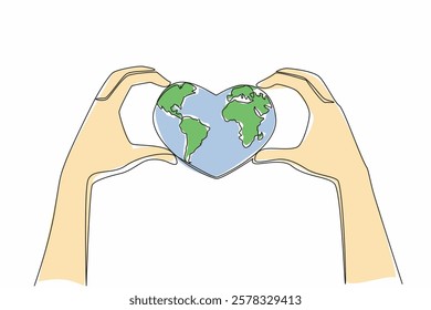 Single one line drawing 2 hands forming a heart shape and in the middle of the hands is a heart shaped globe. Loving treatment. Commitment. Global Love Day. Continuous line design graphic illustration