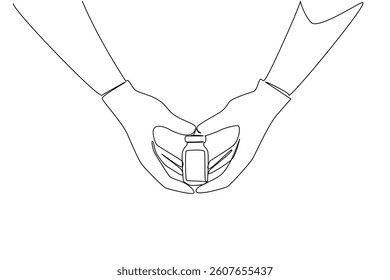 Single one line drawing 2 hands forming a heart while holding vaccine bottle. Inject the vaccine according to the dosage. Health. National Safety Dose Day. Continuous line design graphic illustration