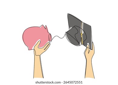Single one line drawing 2 hands holding graduation cap and piggy bank. Success begins with preparing education funds. Scholarship. College Savings Day. Continuous line design graphic illustration